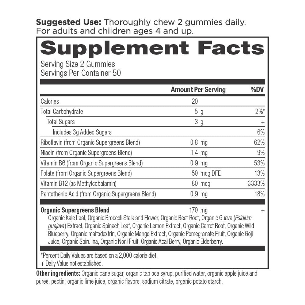 Organic SuperGreens Gummies Strawberry Watermelon (100 Gummies) supplement facts pane