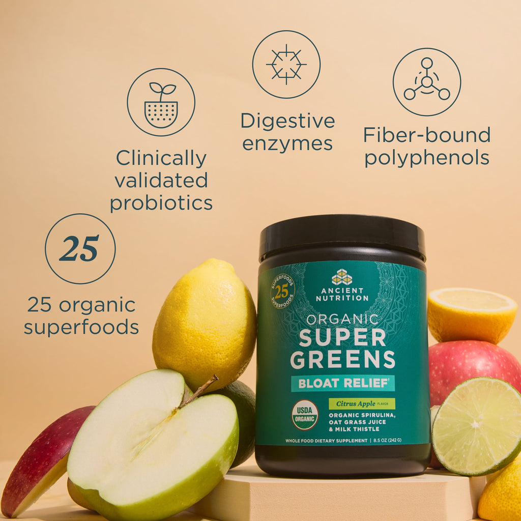 Organic SuperGreens Bloat Relief† Powder Citrus Apple Flavor (25 Servings) bottle