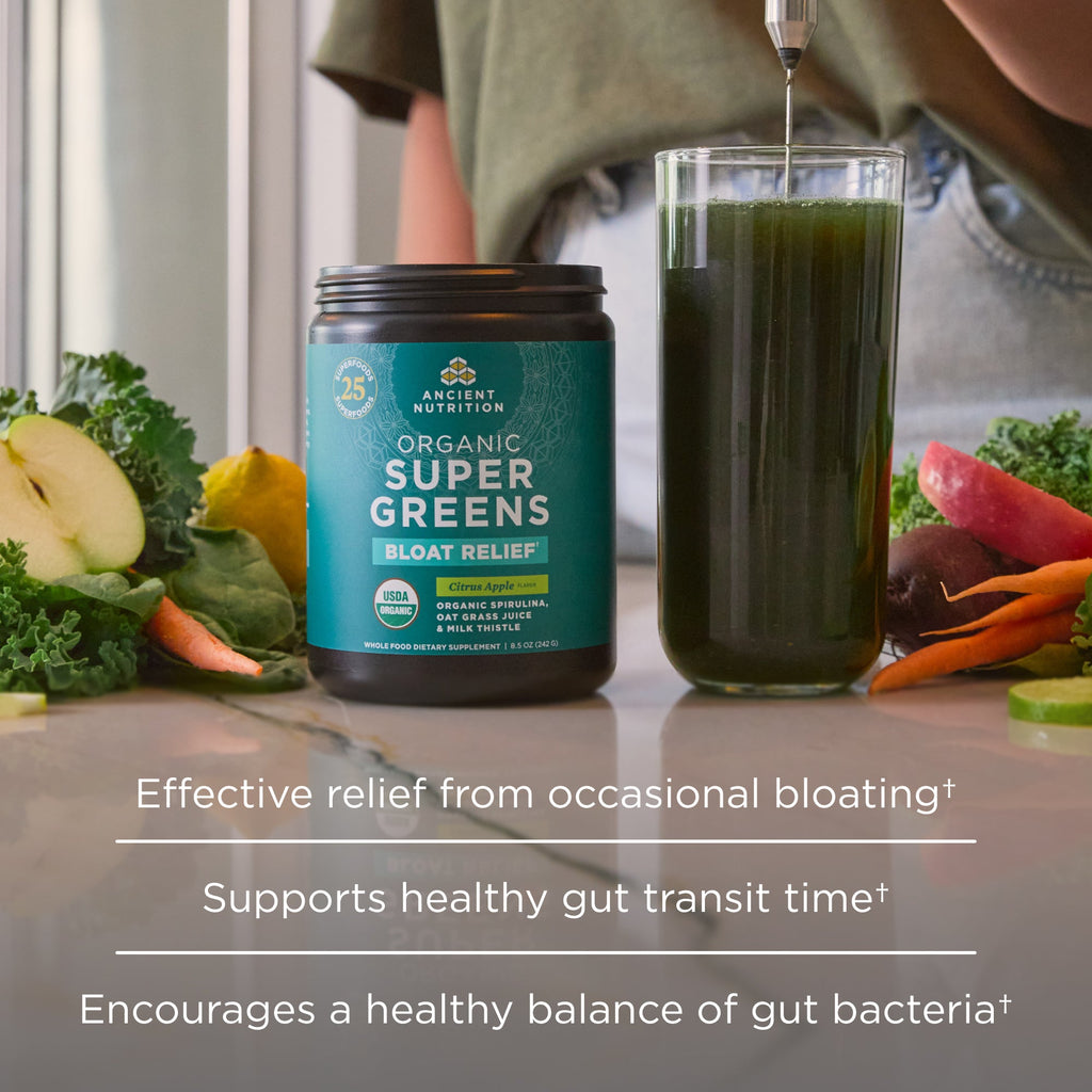 Organic SuperGreens Bloat Relief† Powder Citrus Apple Flavor (25 Servings) supplement facts panel
