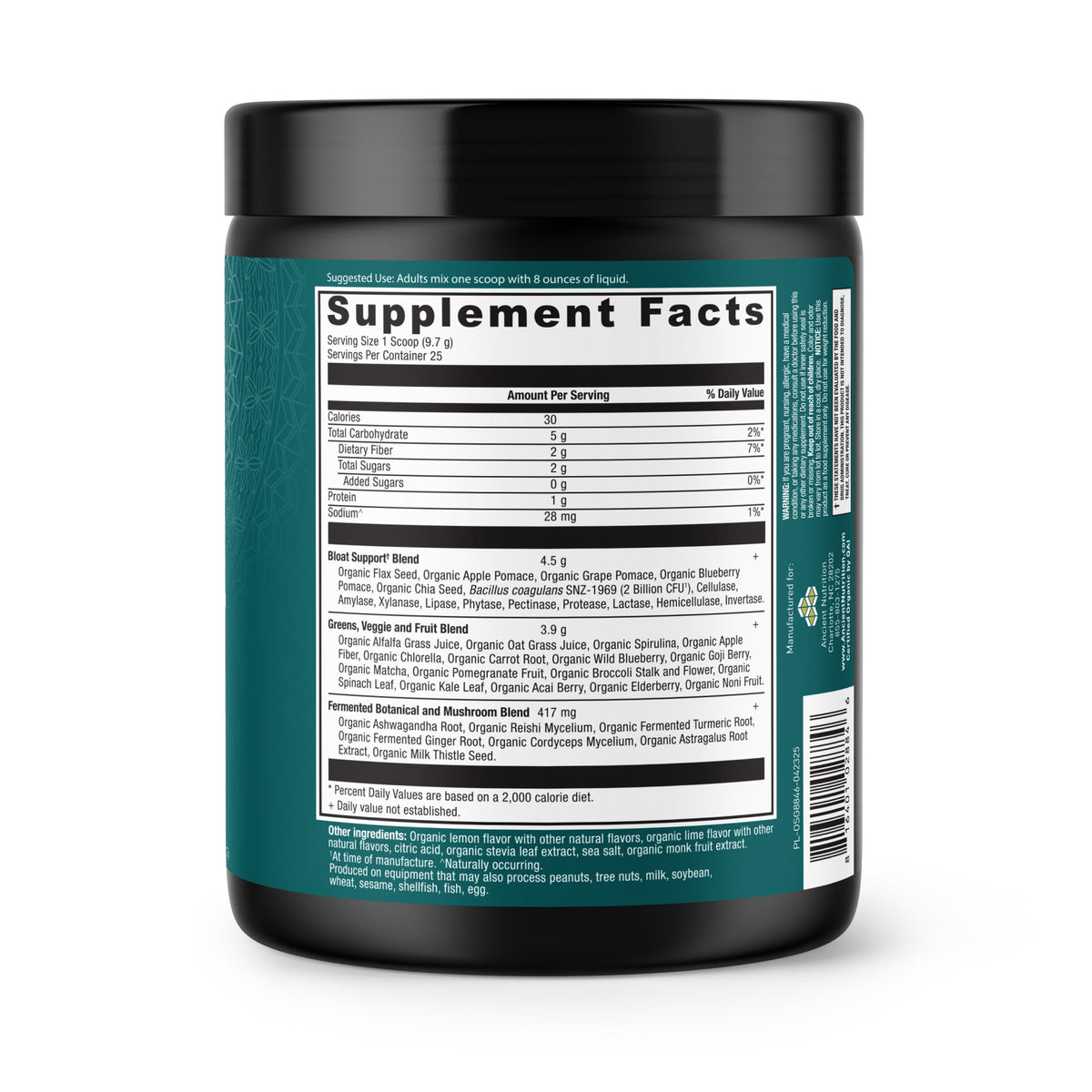 Organic SuperGreens Bloat Relief† Powder Citrus Apple Flavor (25 Servings) back of bottle with supplement label