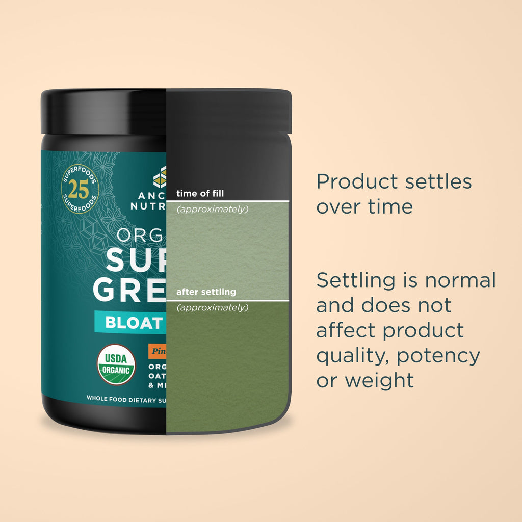 Two containers of Organic Super Greens with text explaining product settling.
