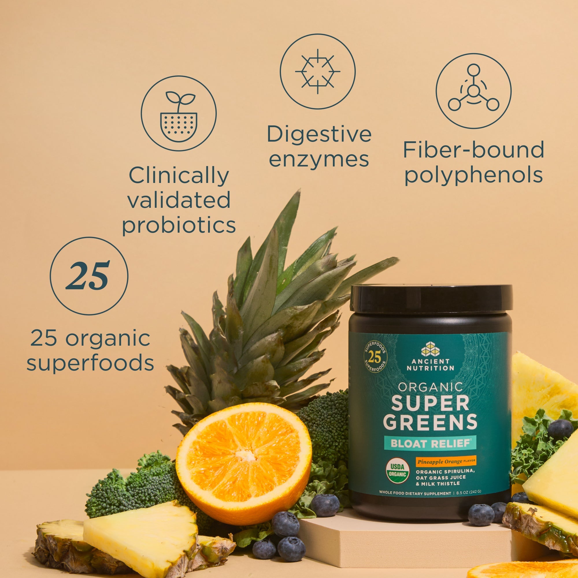 a bottle of Organic SuperGreens Bloat Relief† Powder Pineapple Orange Flavor surrounded by fruit