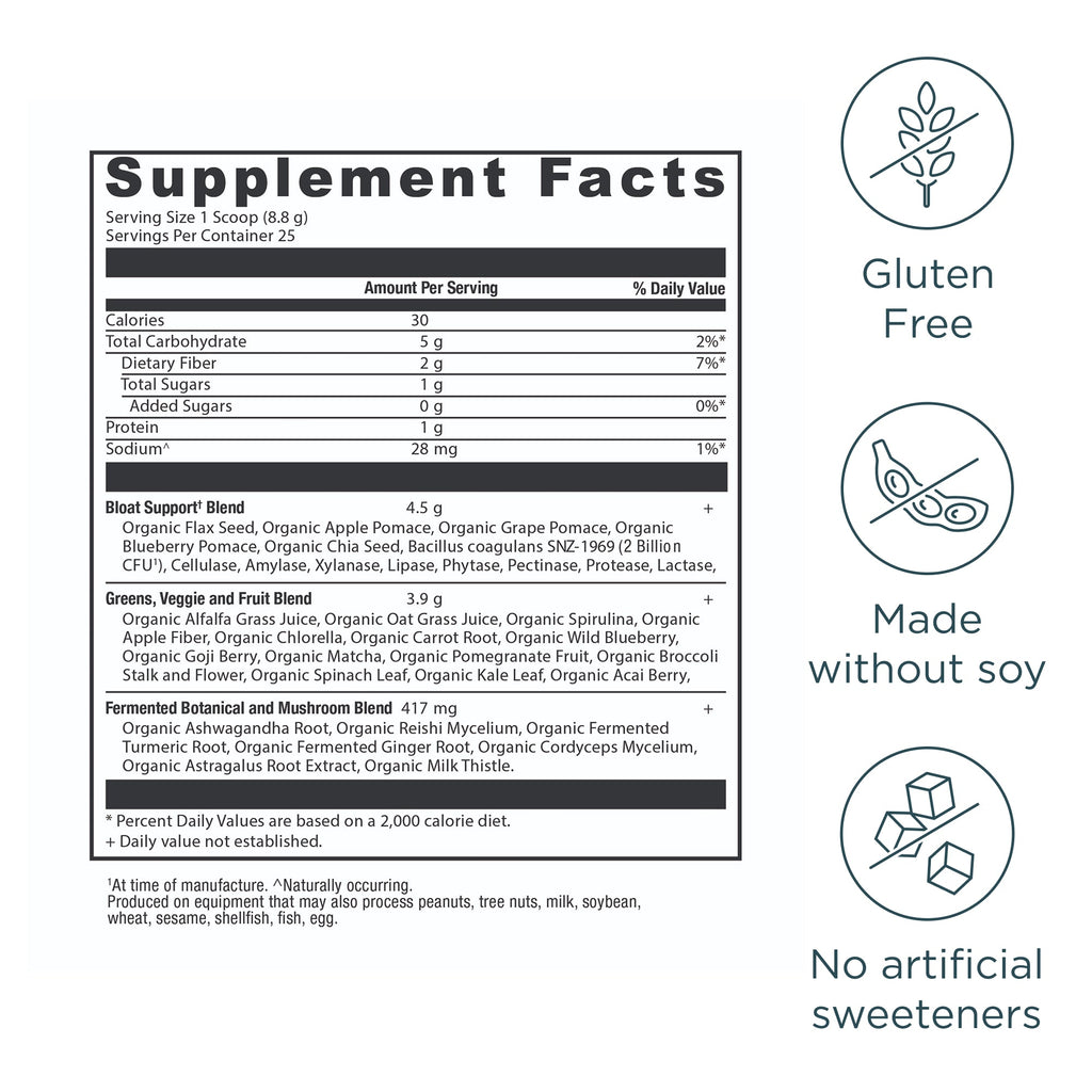 Organic SuperGreens Bloat Relief† Powder Greens Flavor (25 Servings) supplement facts panel