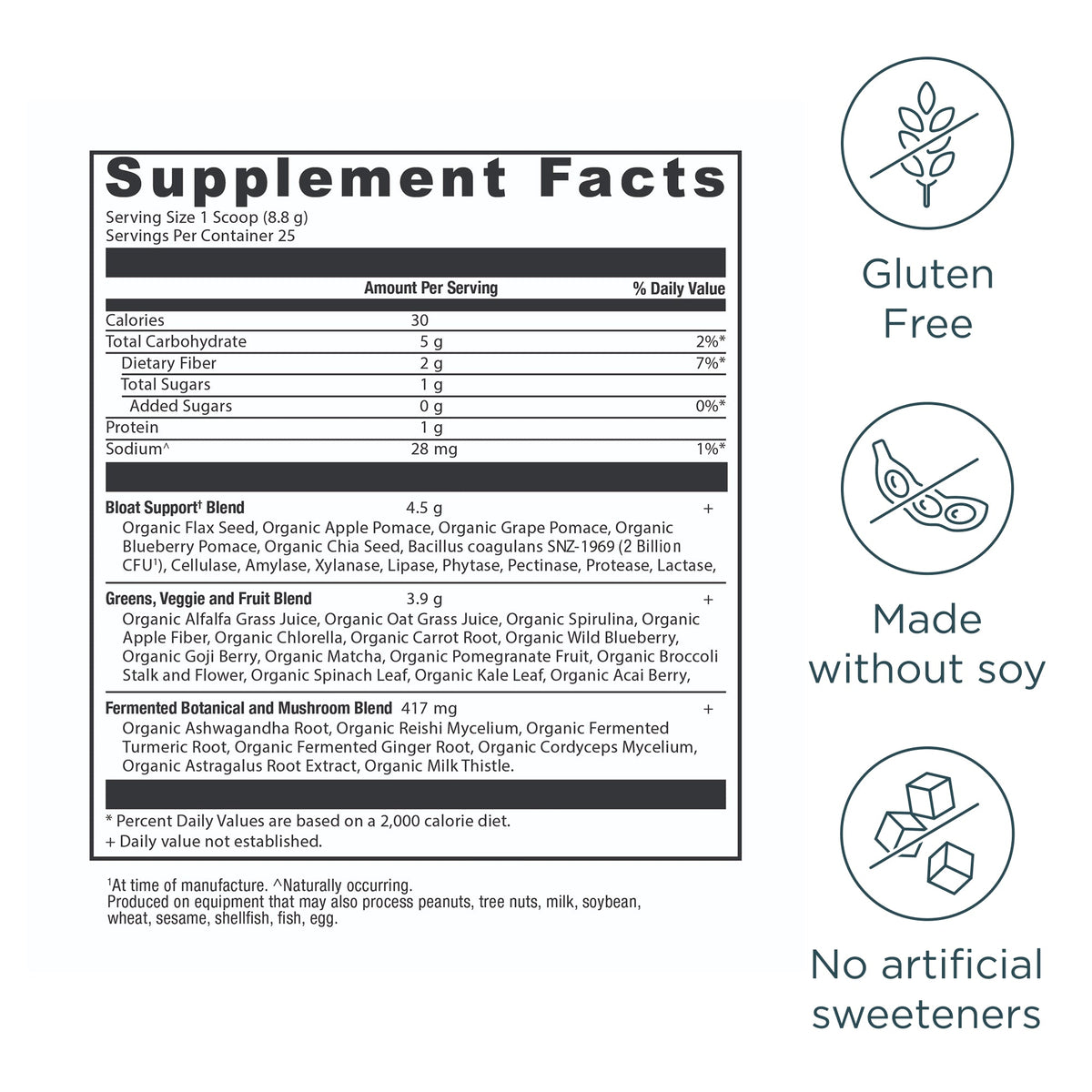 Organic SuperGreens Bloat Relief† Powder Greens Flavor (25 Servings) supplement facts panel