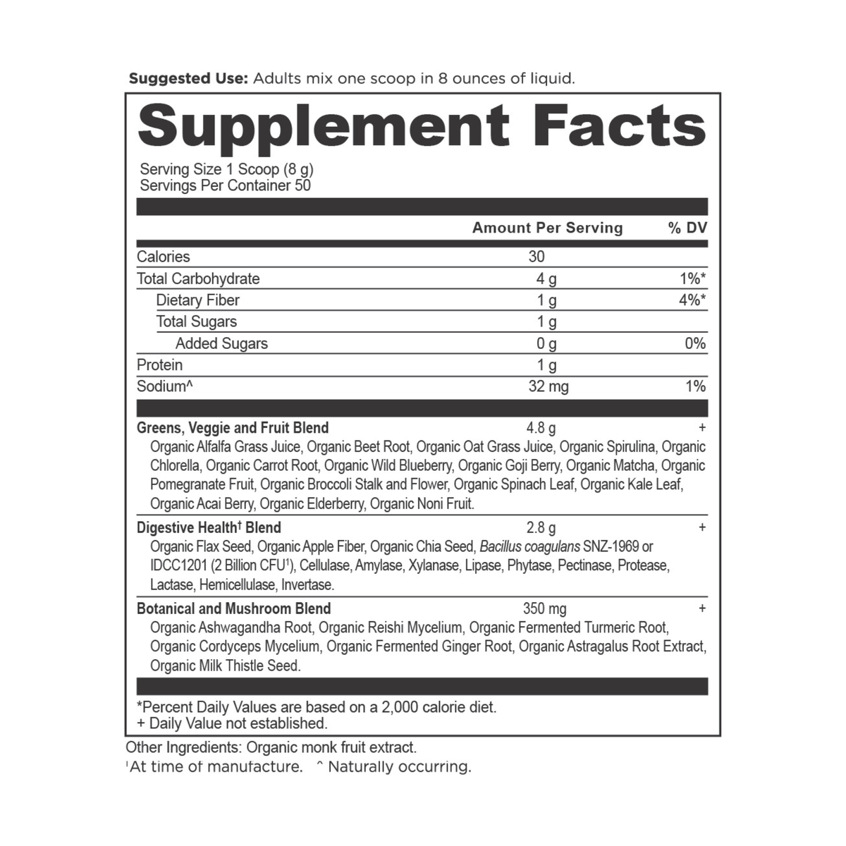 Organic SuperGreens Powder Greens Flavor (50 Servings) supplement facts panel