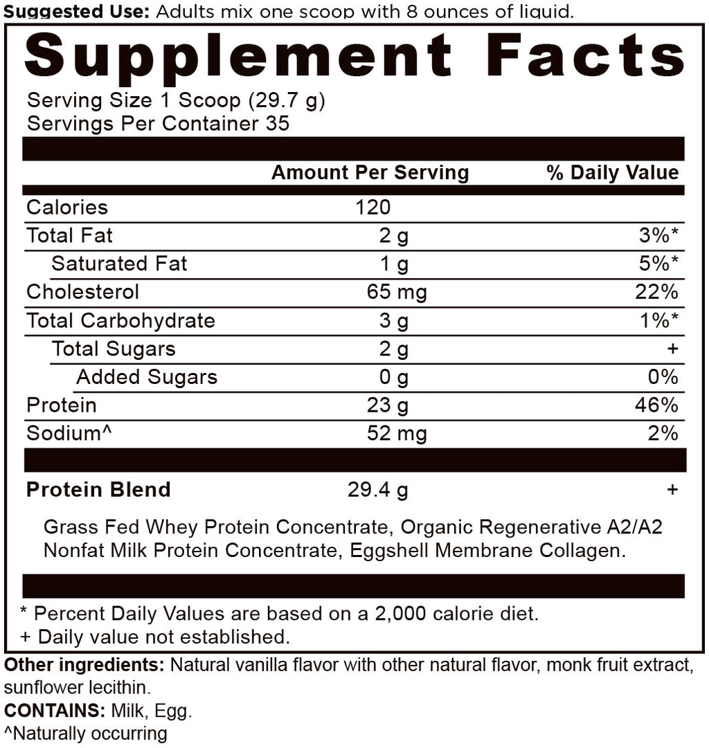 Whey Protein Powder Vanilla (35 Servings) Supplement facts panel