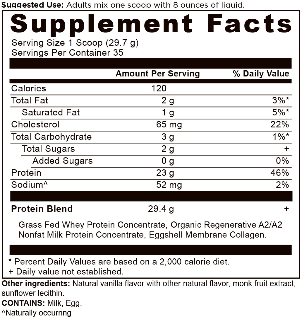 Whey Protein Powder Vanilla (35 Servings) Supplement facts panel