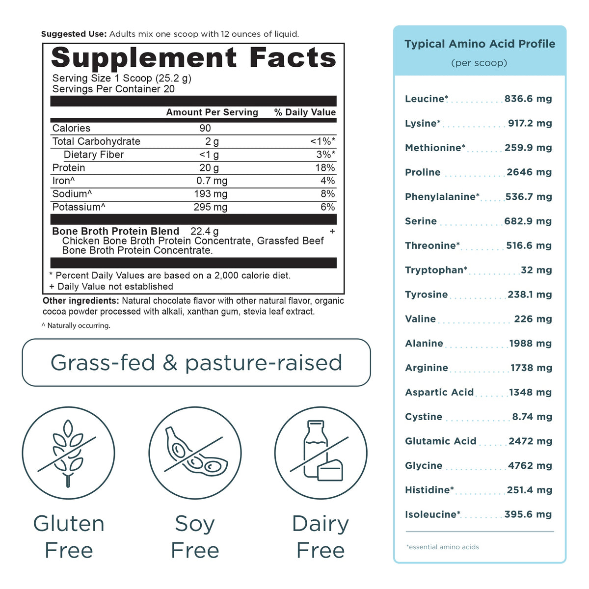 Bone Broth Protein Powder Chocolate (20 Servings) supplement facts panel