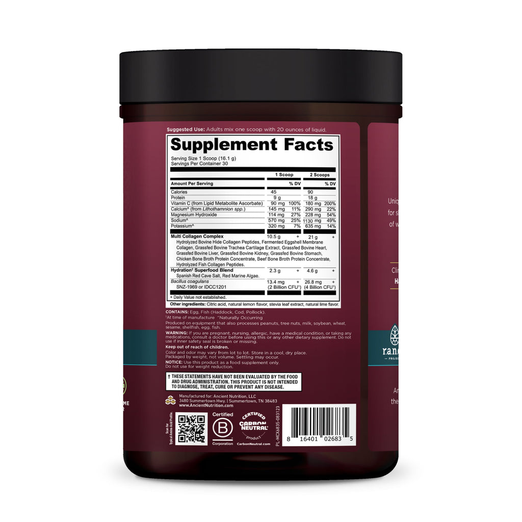 Multi Collagen Advanced Hydrate Powder Lemon Lime (30 Servings)  back of bottle