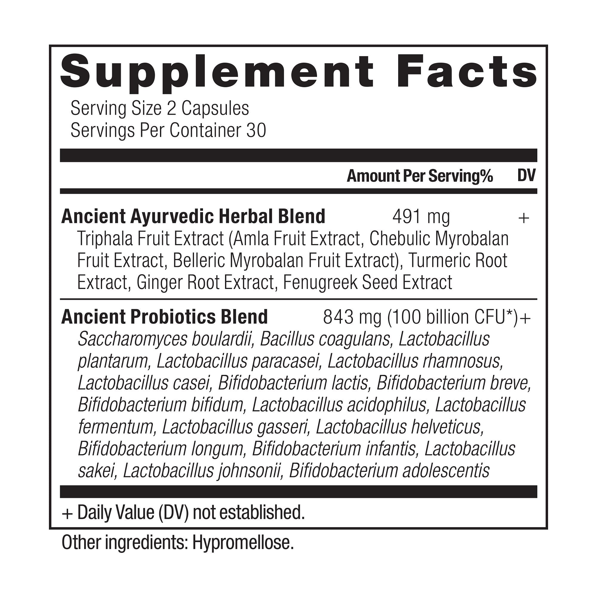 Ancient Probiotics Ultimate Capsules (30 Servings) supplement facts panel