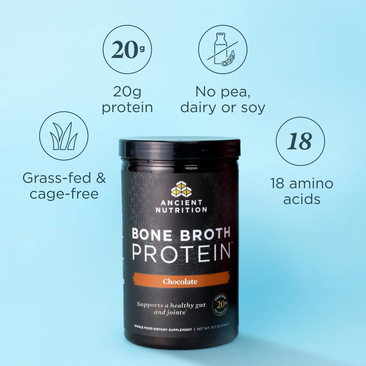 a bottle of Bone Broth Protein Powder Chocolate (20 Servings) on a light blue background with product call outs surrounding it