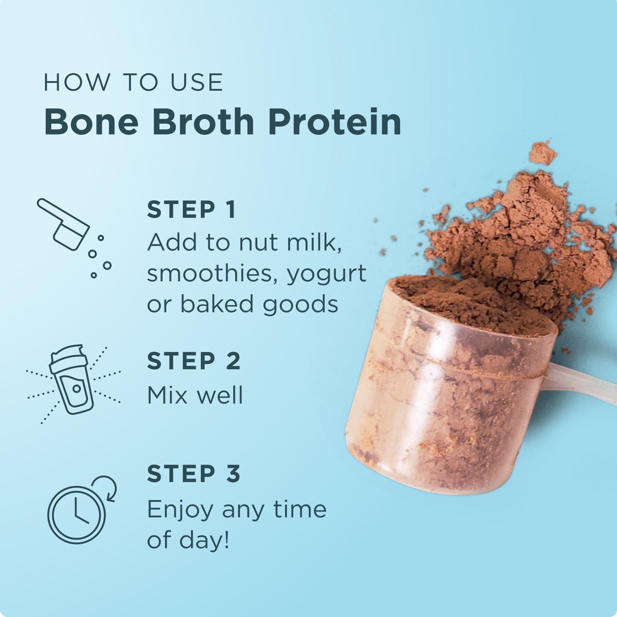 Instructions on how to use bone broth protein with a copper measuring cup on a light blue background.