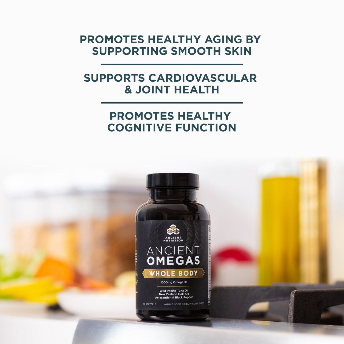 Omega-3s Whole Body (90 Softgels) bottle on a counter