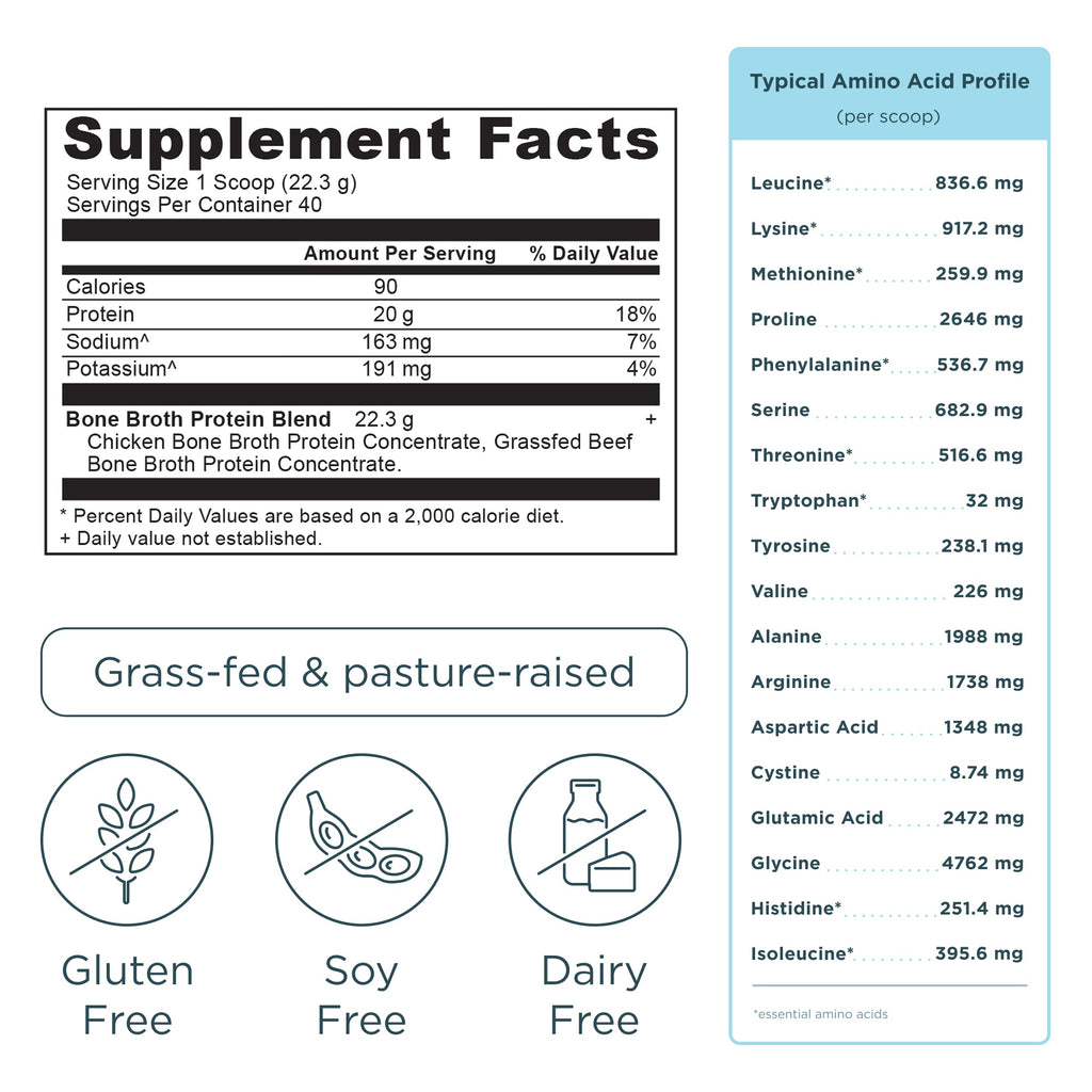 Bone Broth Protein Powder Pure (40 Servings) supplement facts panel