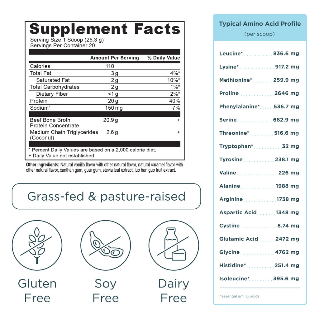 Bone Broth Protein Powder Salted Caramel (20 Servings) supplement label