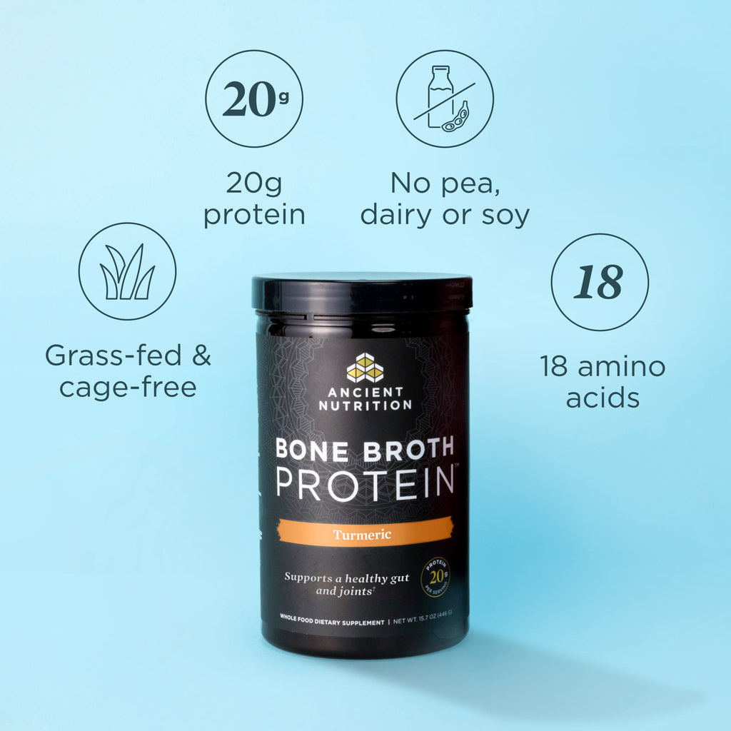 a bottle of Bone Broth Protein Powder Turmeric (20 Servings) on a blue background