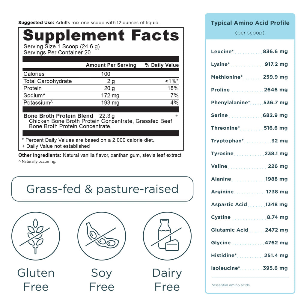 Bone Broth Protein Powder Vanilla (20 Servings) supplement facts panel