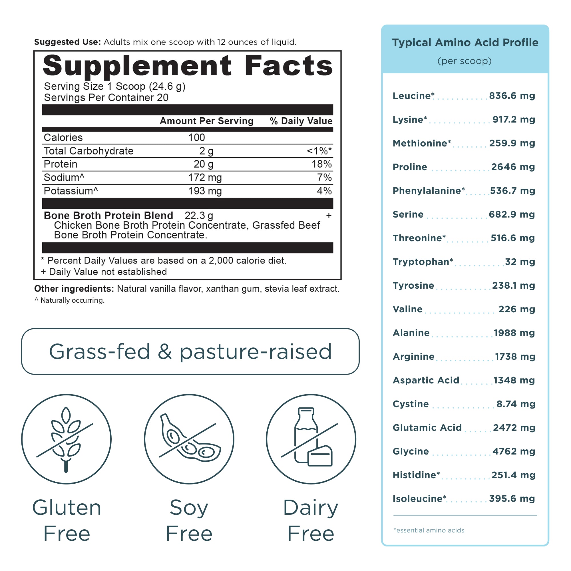 Bone Broth Protein Powder Vanilla (20 Servings) supplement facts panel