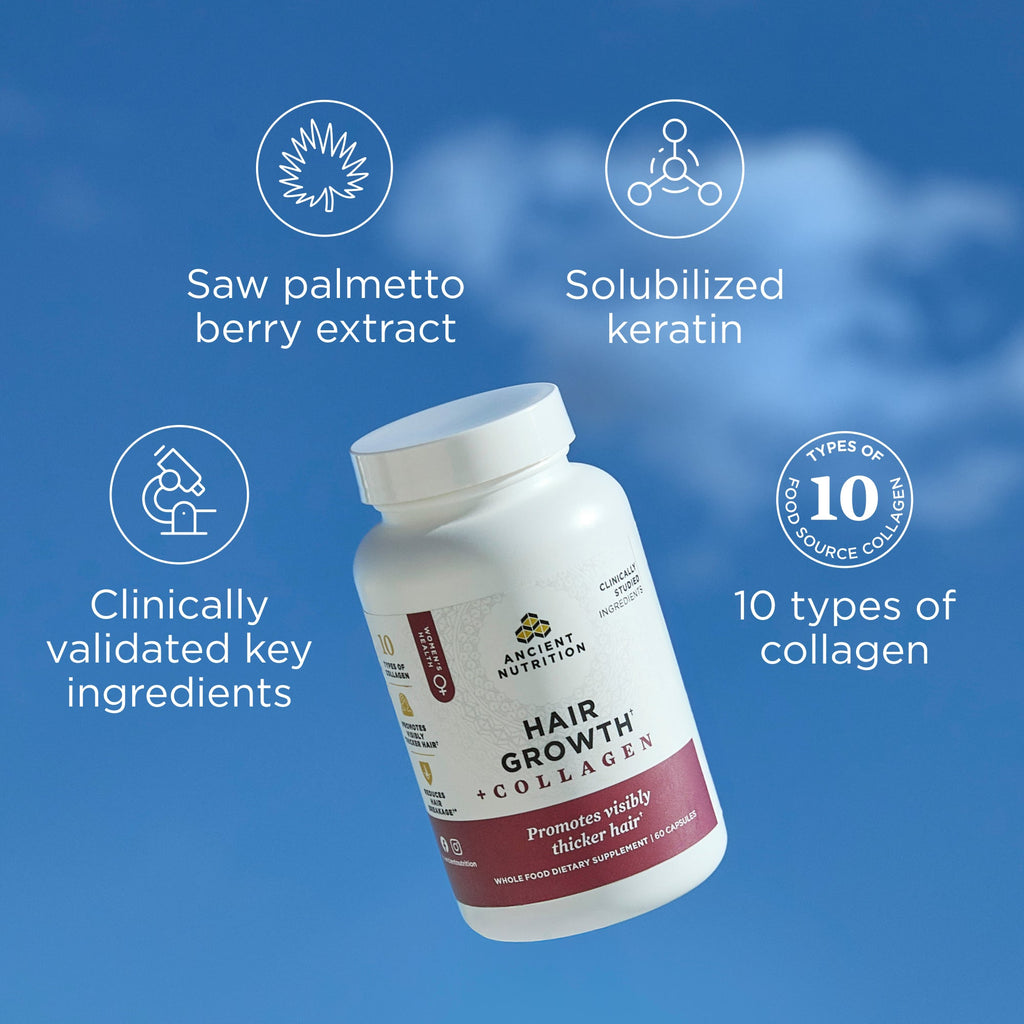hair growth + collagen capsules on a sky background