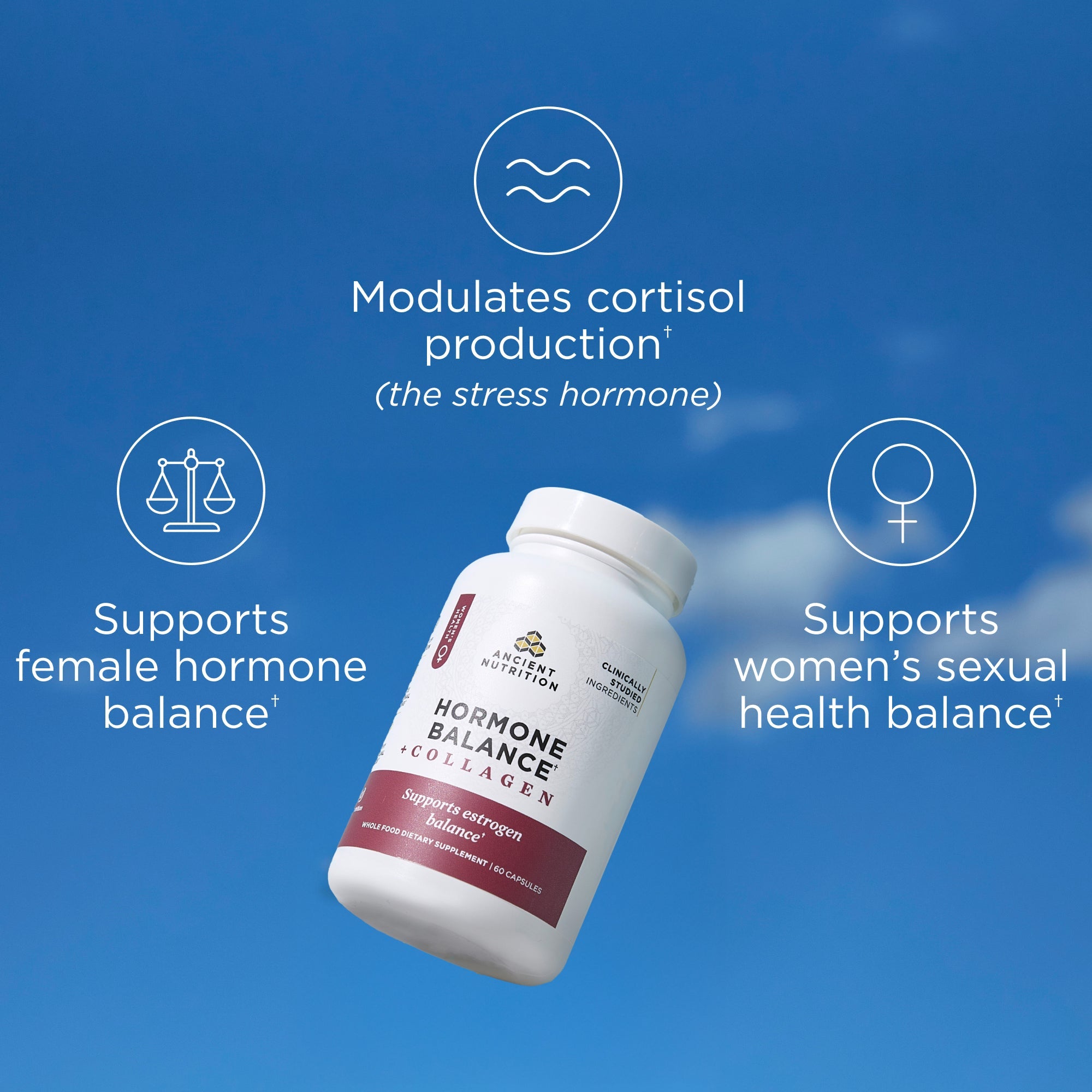 Hormone Balance + Collagen Capsules on a sky blue background