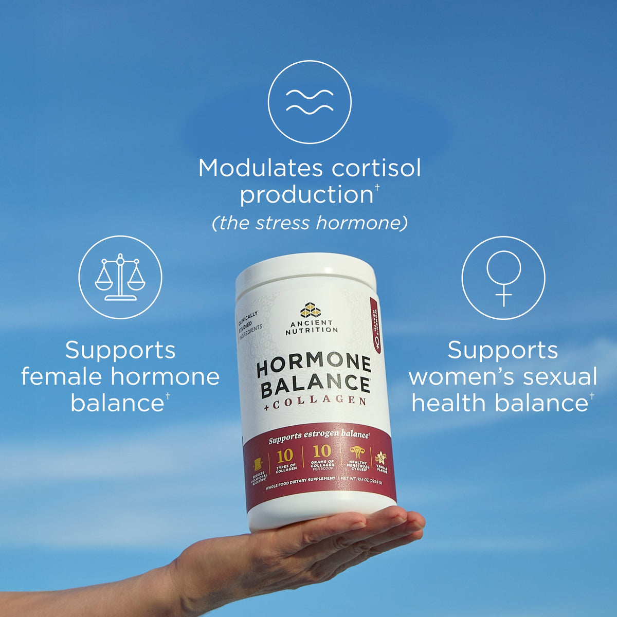 Hormone Balance + Collagen  Powder on a sky blue background