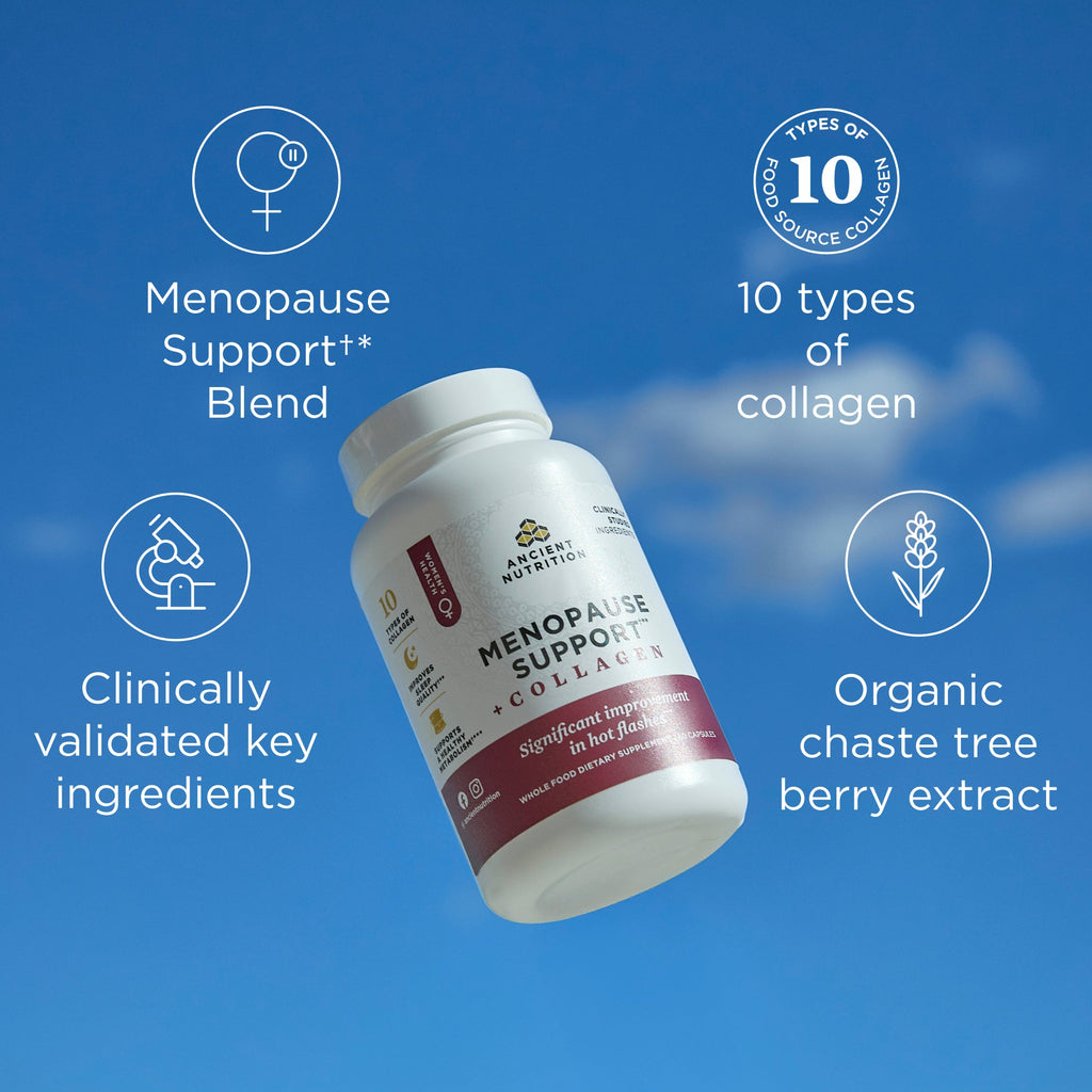 Menopause Support + Collagen Capsules  on a sky blue background