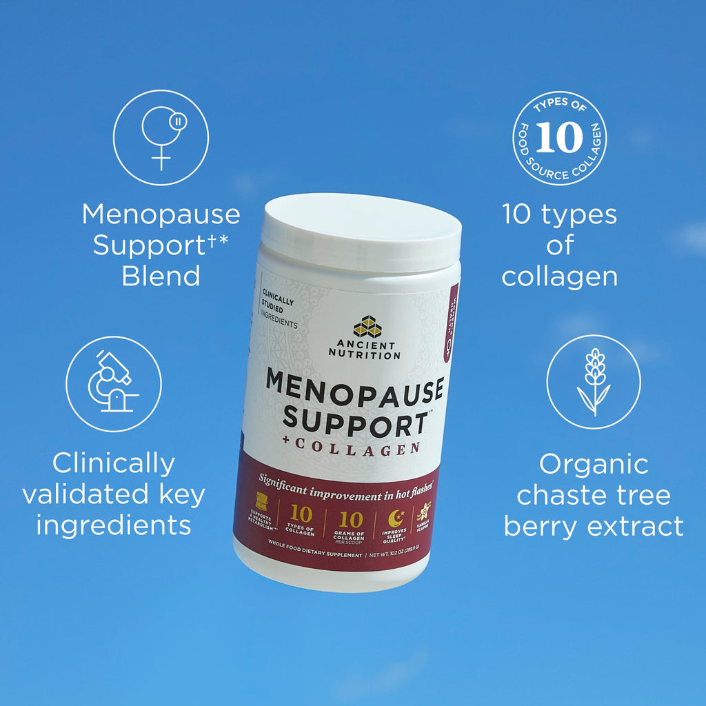 Menopause Support + Collagen Powder on a sky blue background