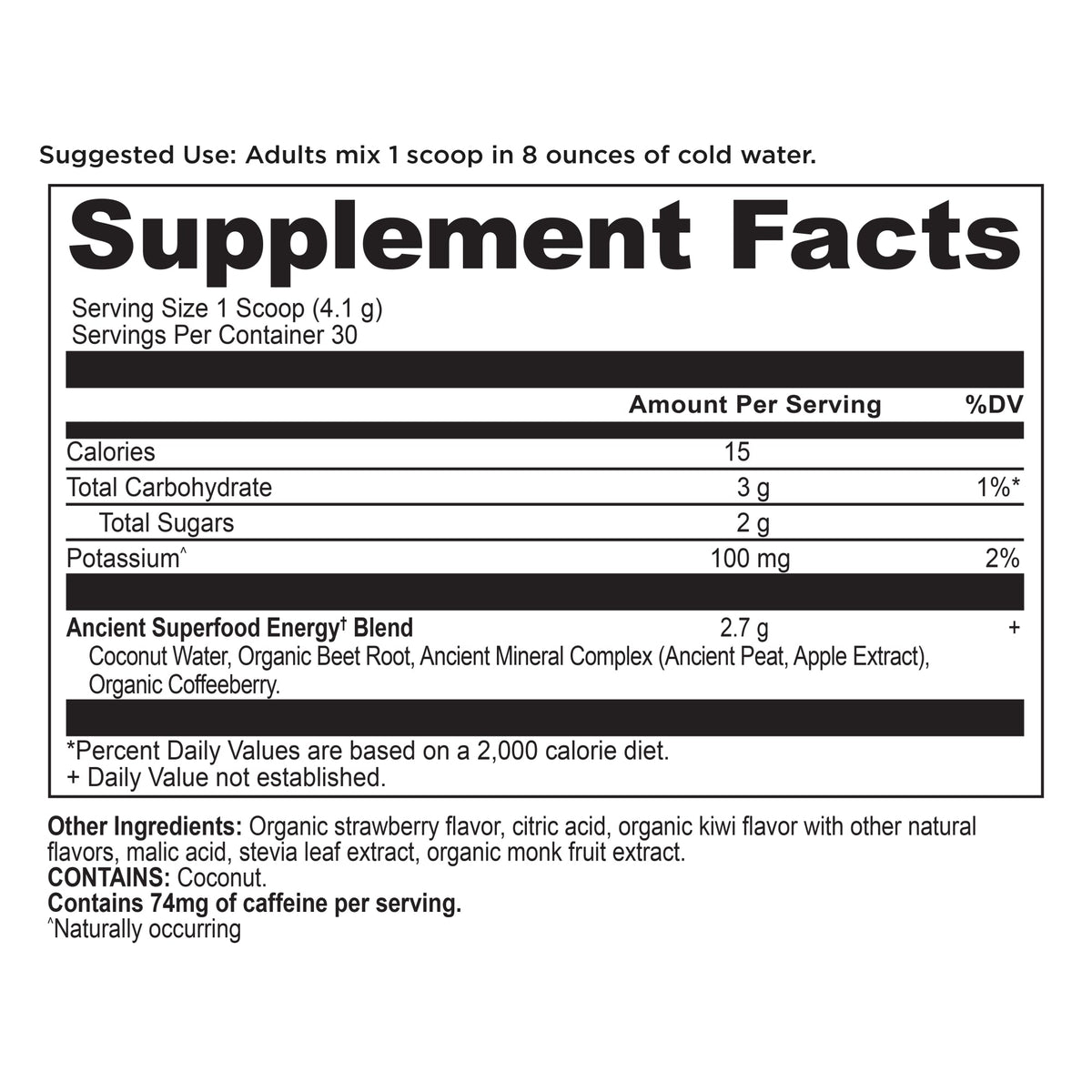 Clean Energy Powder Strawberry Kiwi Flavor (30 Servings) supplement facts panel