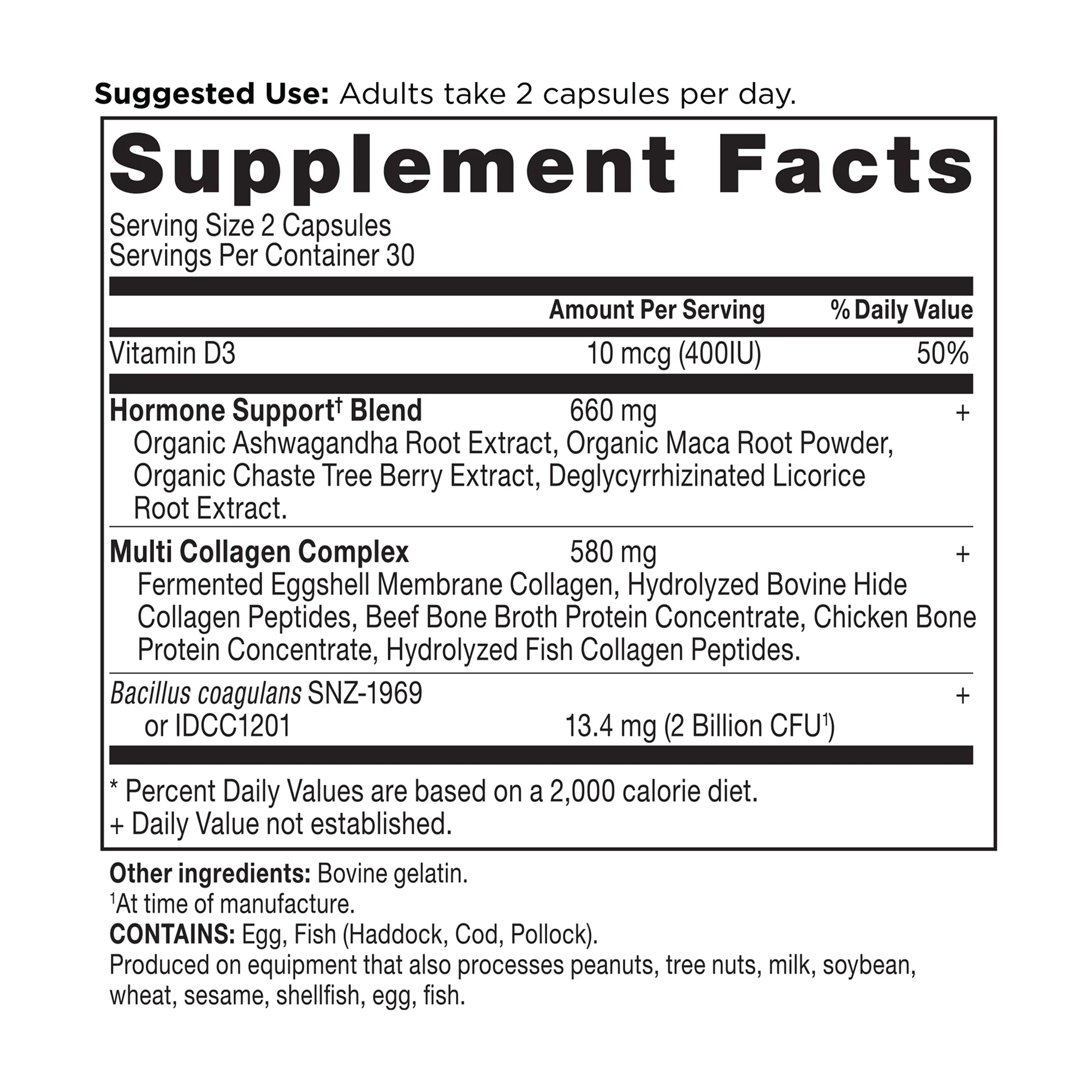 Hormone Balance + Collagen Capsules (30 Servings) supplement facts panel