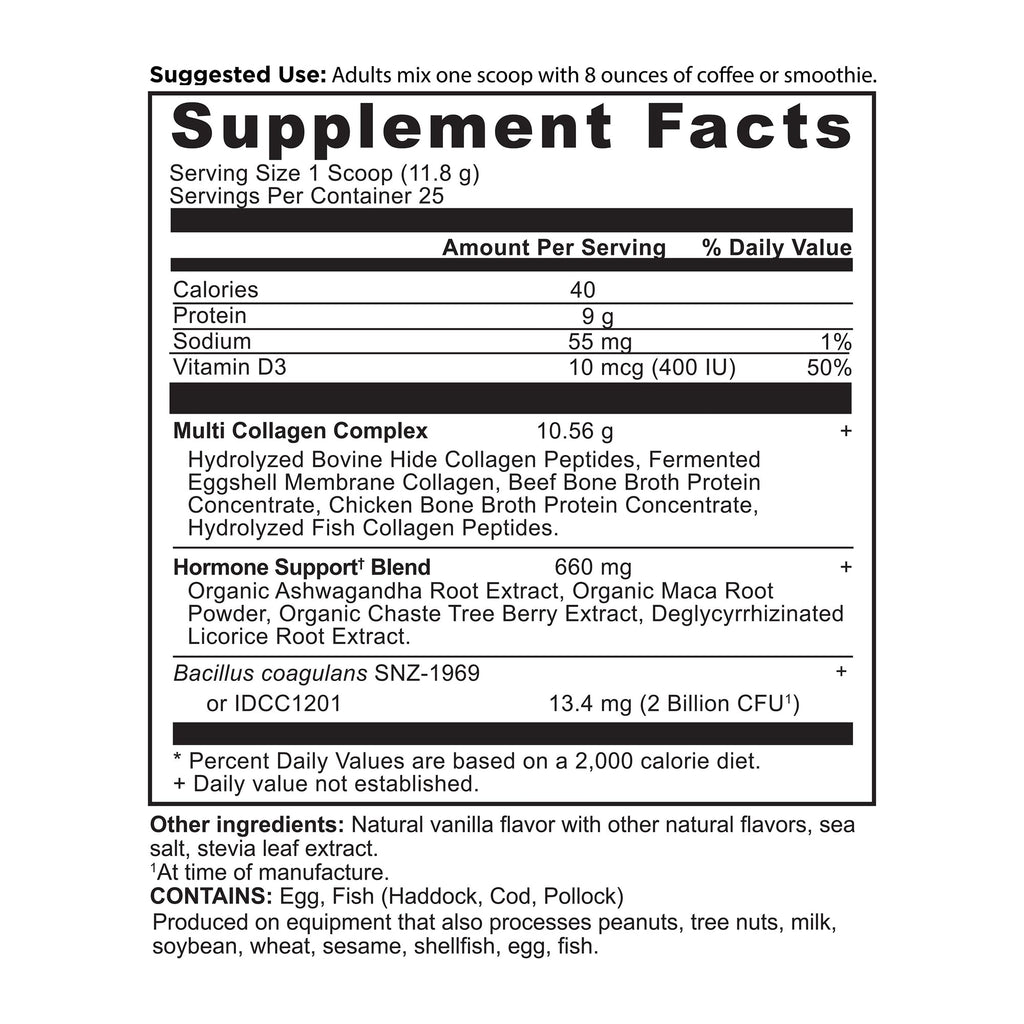 Hormone Balance + Collagen Powder Vanilla (25 Servings) supplement facts panel