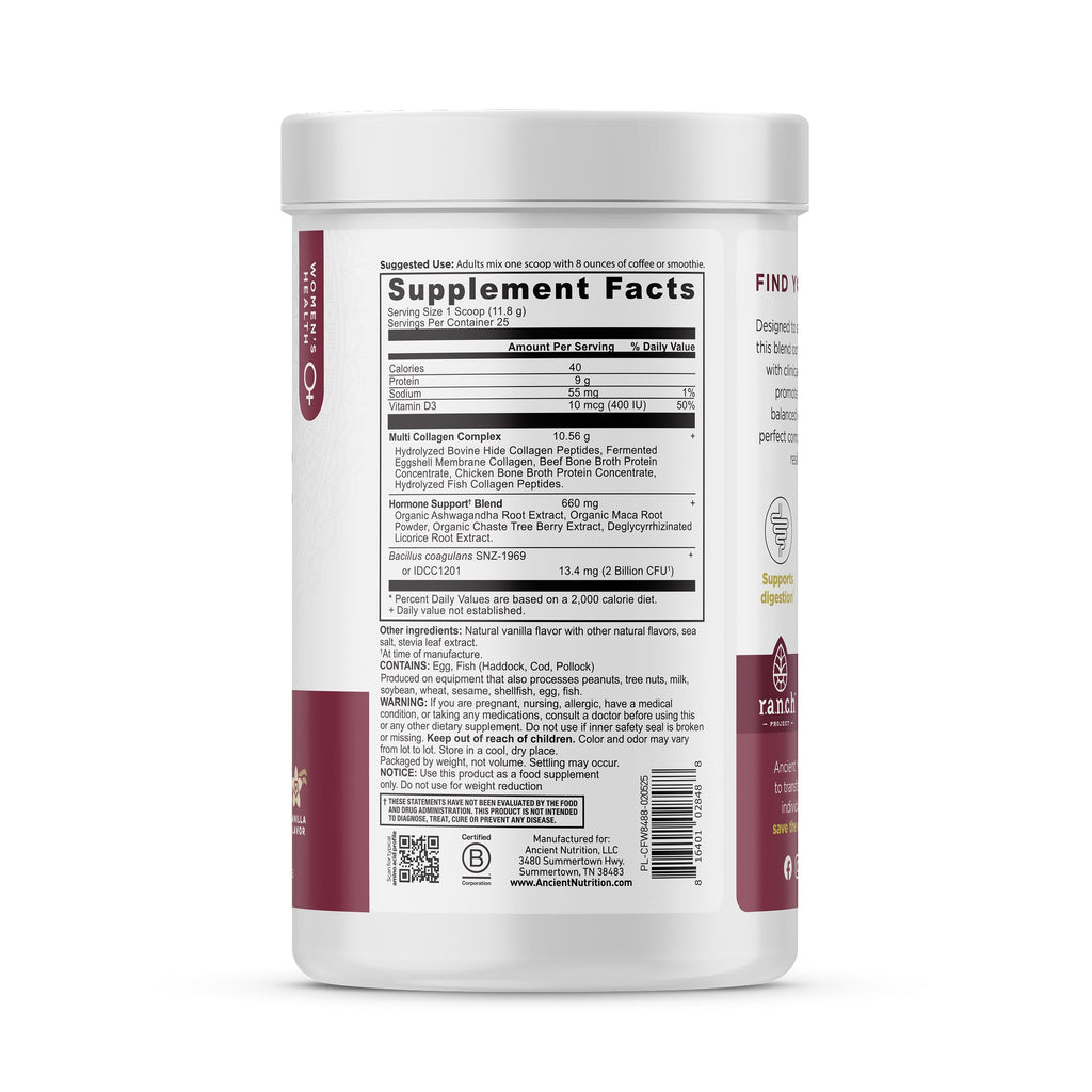 Hormone Balance + Collagen Powder Vanilla side view of bottle
