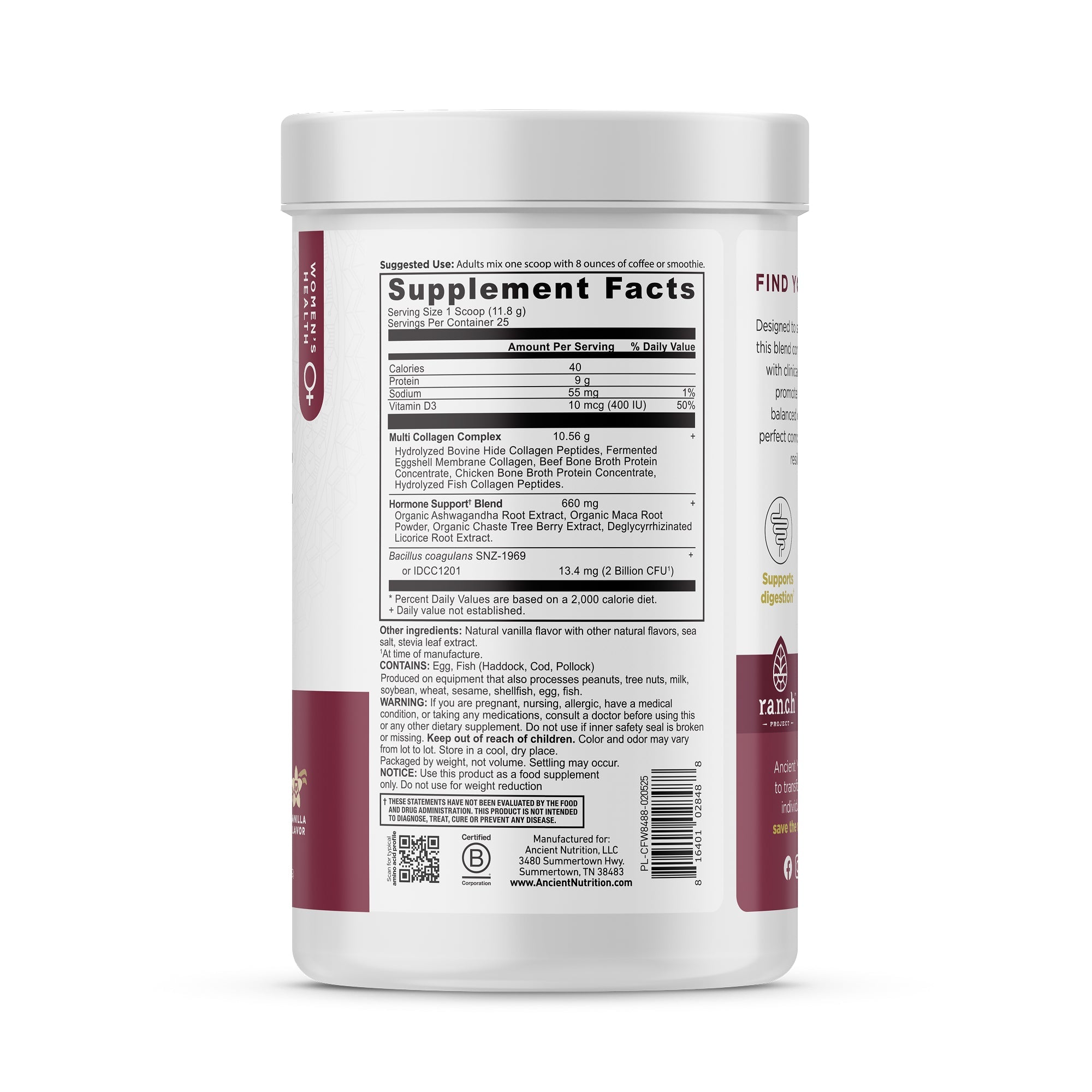 Hormone Balance + Collagen Powder Vanilla side view of bottle