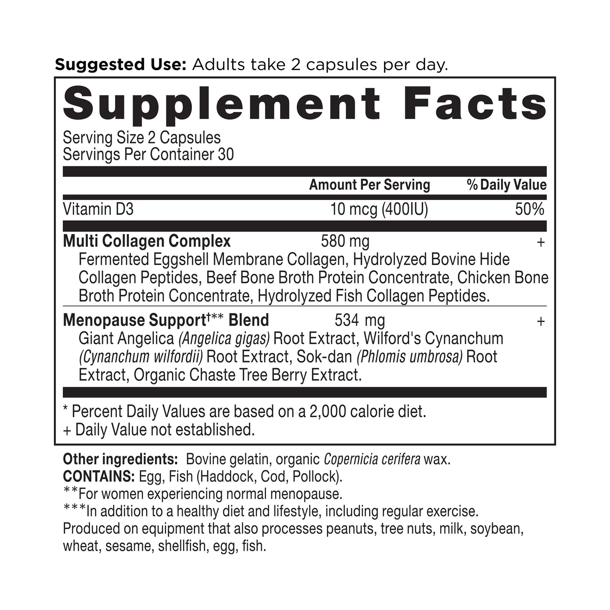 Menopause Support + Collagen Capsules (30 Servings) supplement facts panel