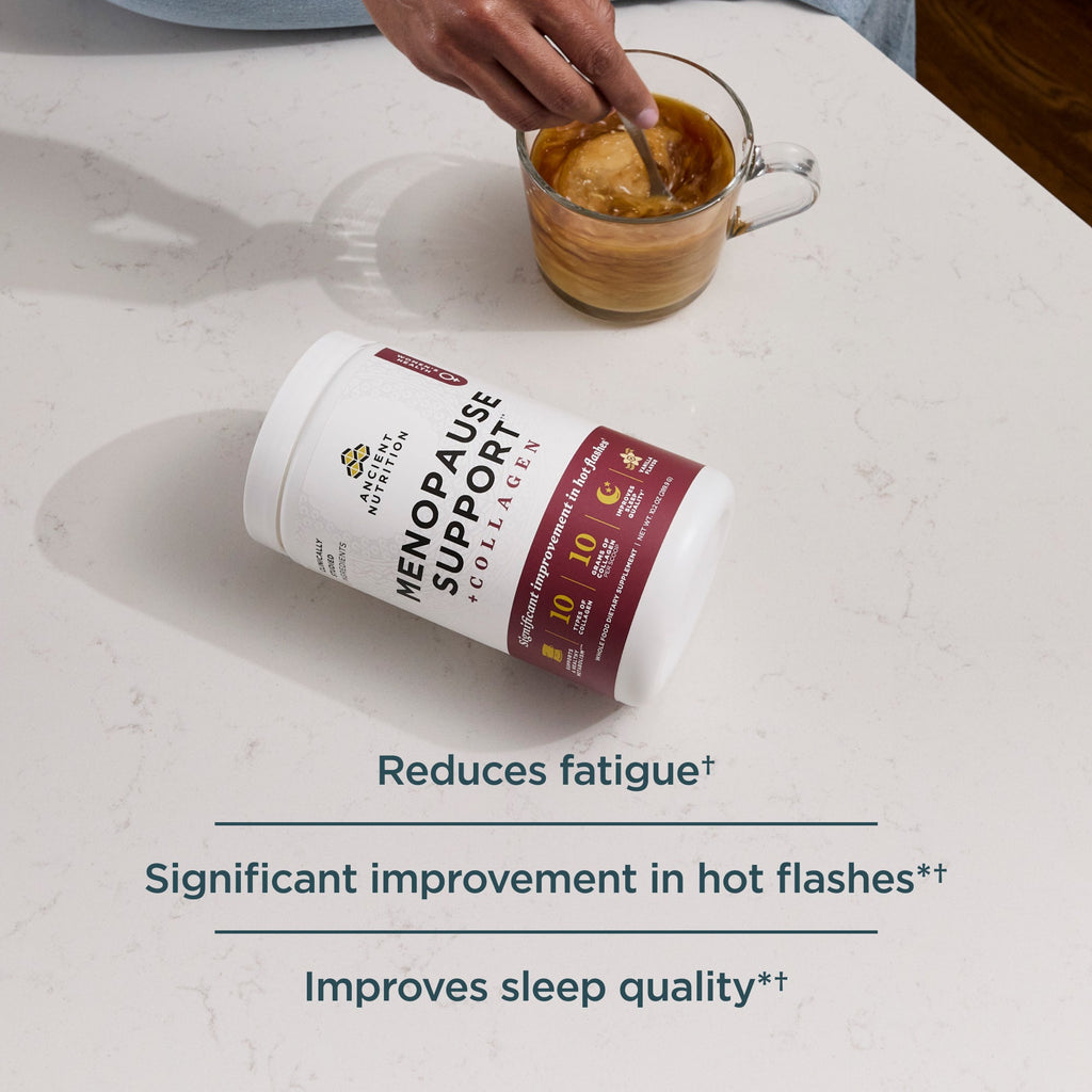 a bottle of Menopause Support + Collagen Powder Vanilla next to a cup of coffee