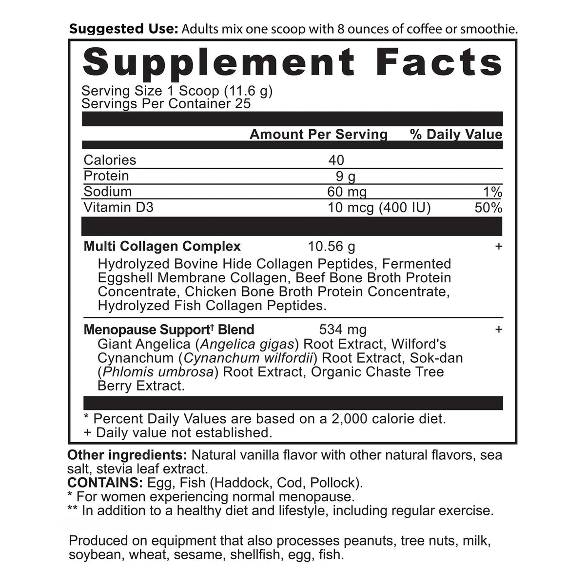 Menopause Support + Collagen Powder Vanilla (25 Servings) supplement facts panel