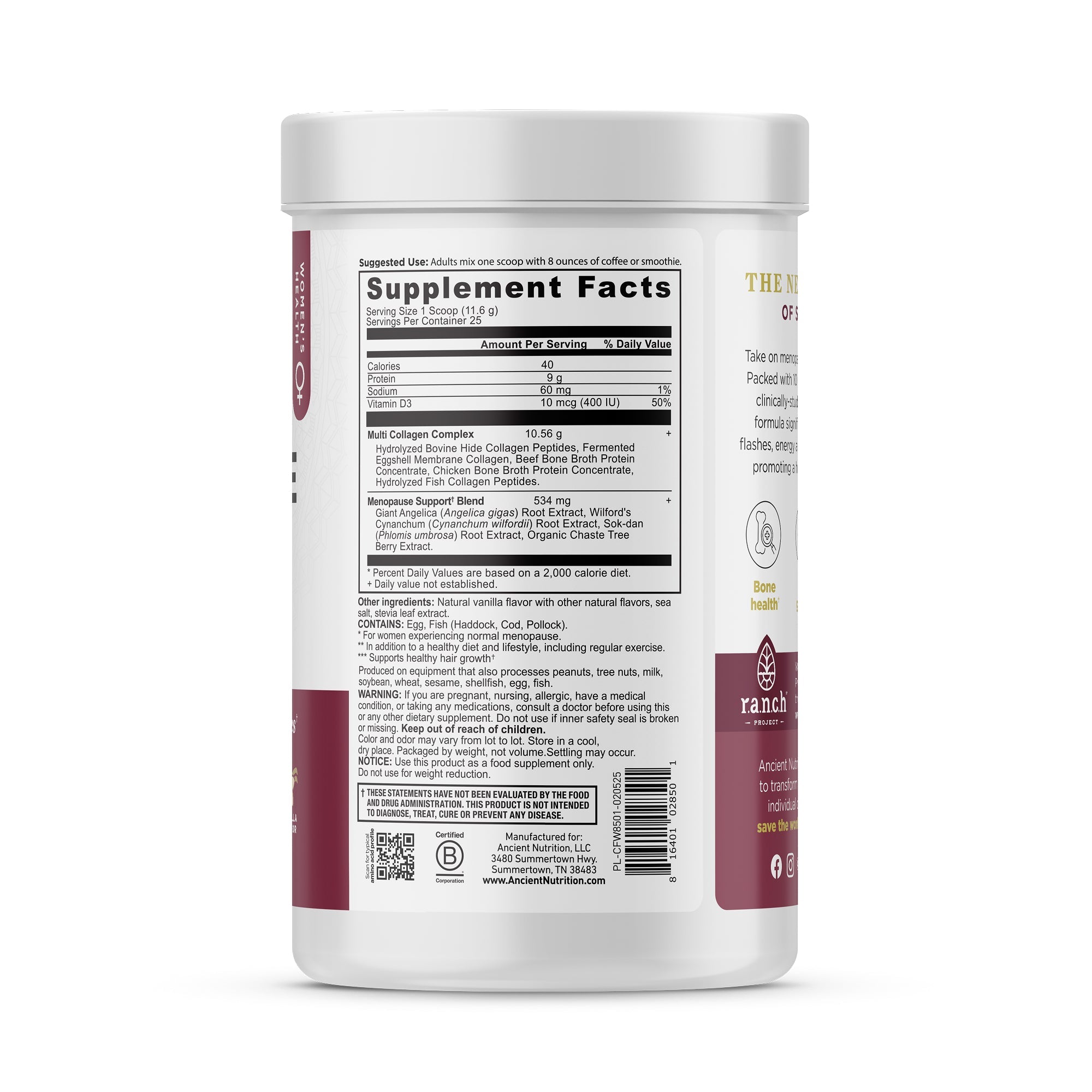 Menopause Support + Collagen Powder Vanilla back of bottle