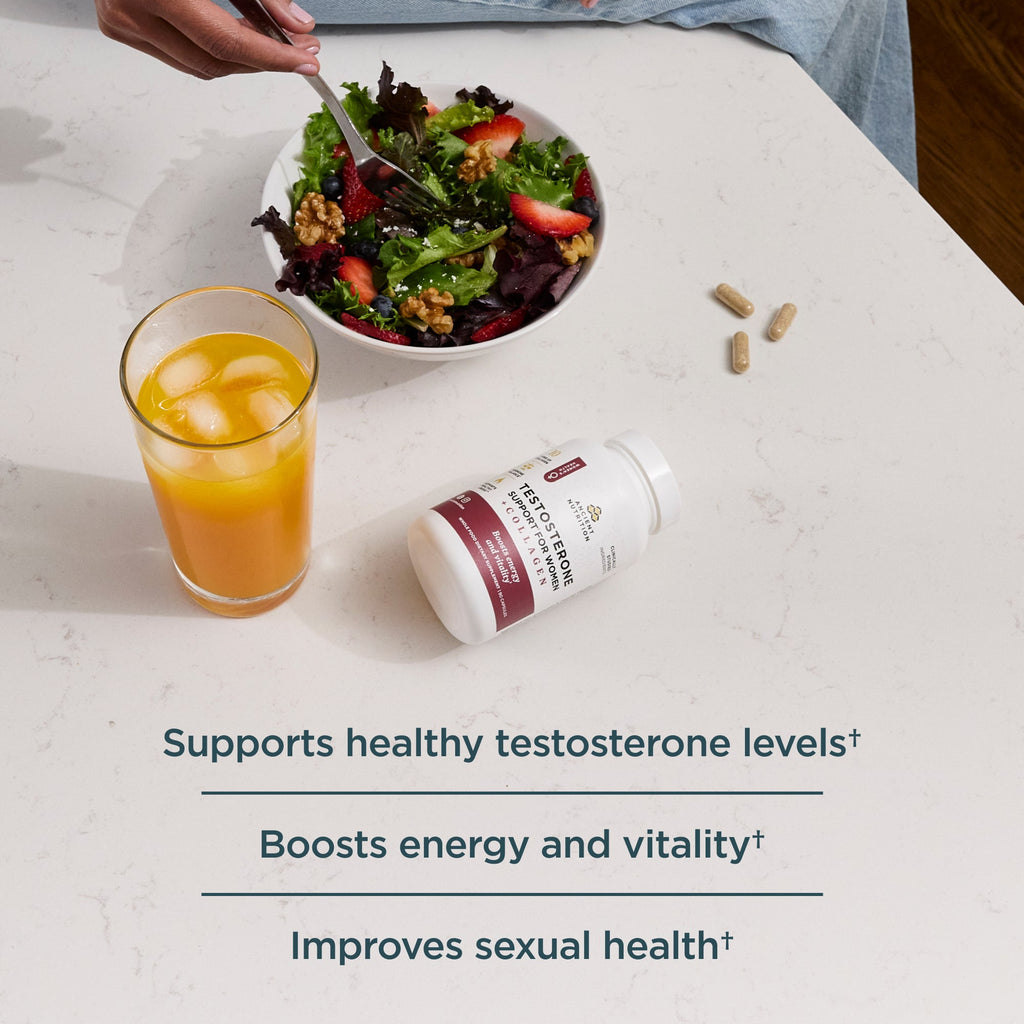 a bottle of Testosterone Support for Women + Collagen Capsules next to a salad