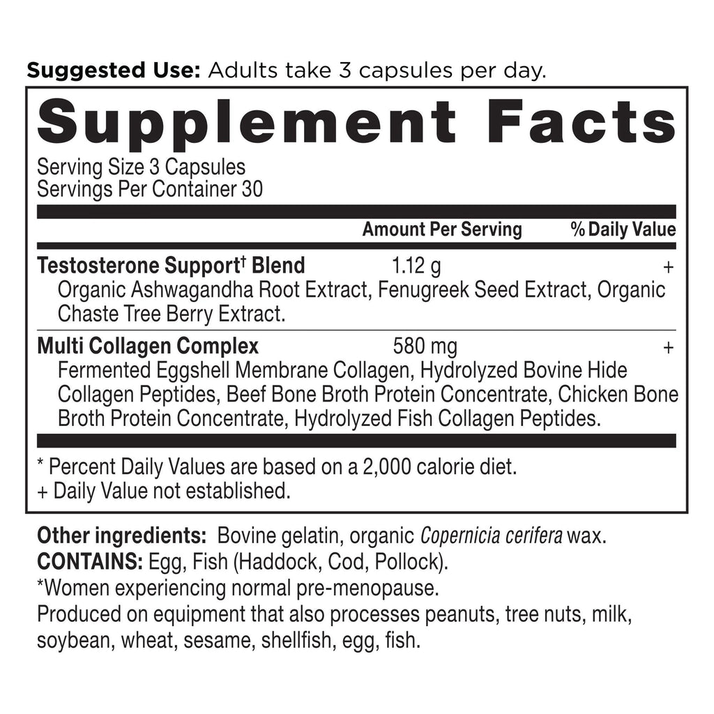 Testosterone Support for Women + Collagen Capsules (30 Servings) supplement facts panel
