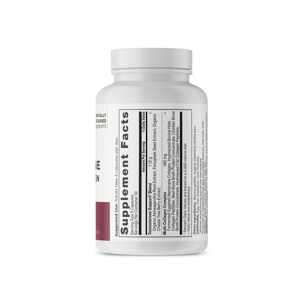 Testosterone Support for Women + Collagen Capsules side of bottle