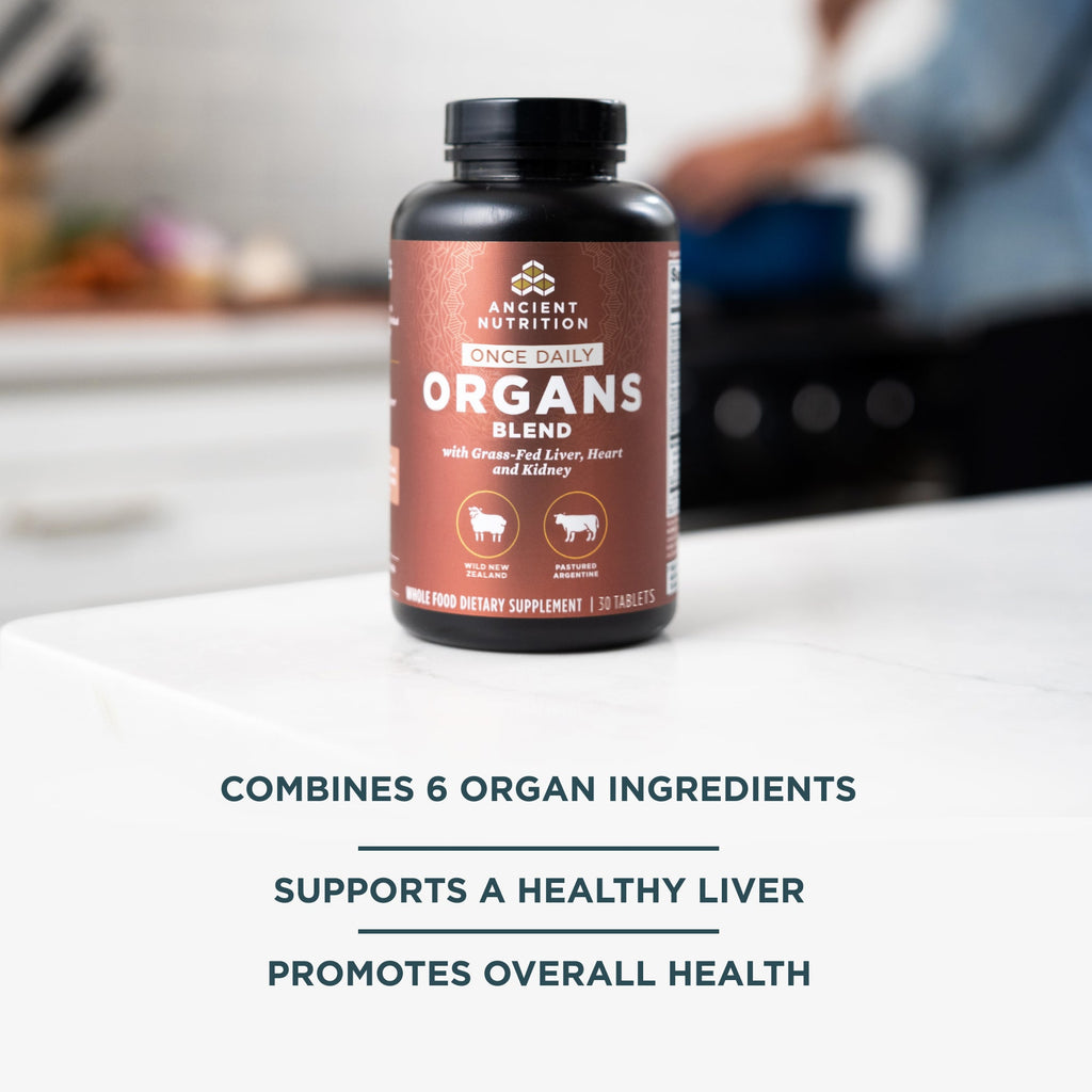 a bottle of Organs Blend Once Daily Tablets with product benefits listed below