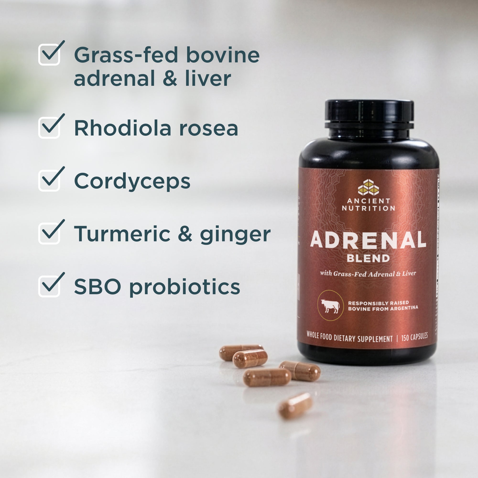 a bottle of Adrenal Blend Capsules with ingredients listed