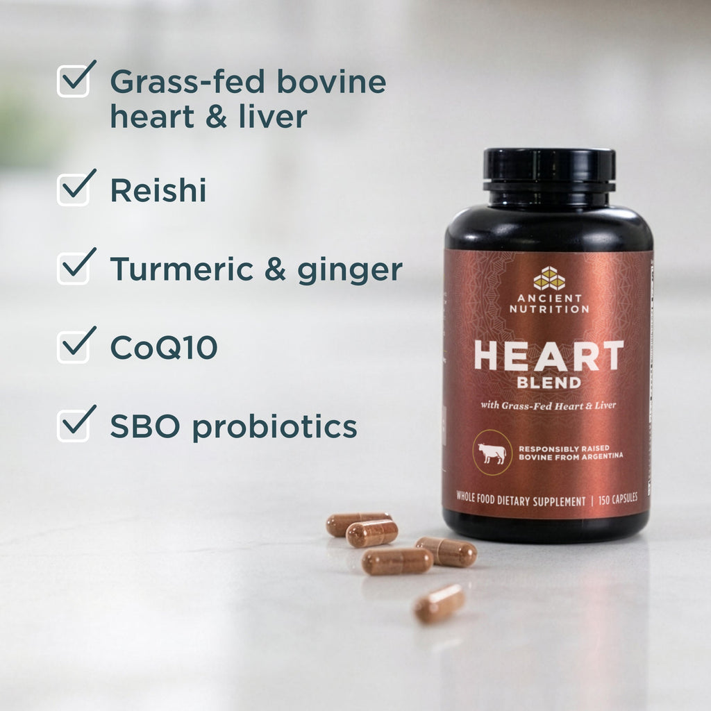 bottle of Heart Blend Capsules (30 Servings) with benefits listed with check marks