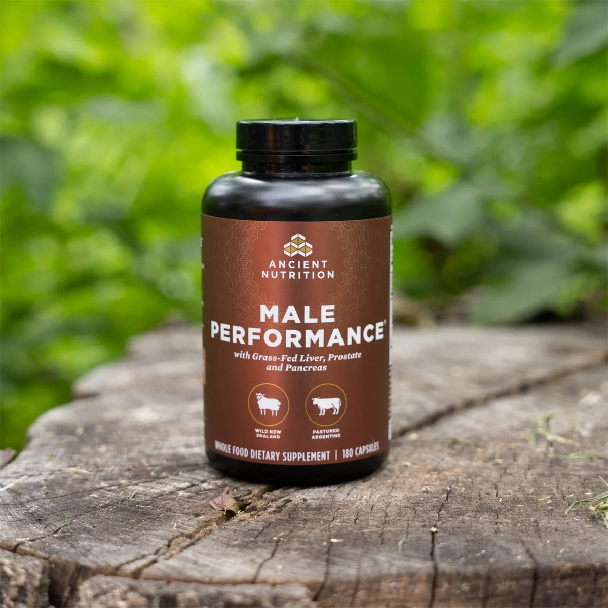 a bottle of Male Performance Capsules (30 Servings) on a tree stump