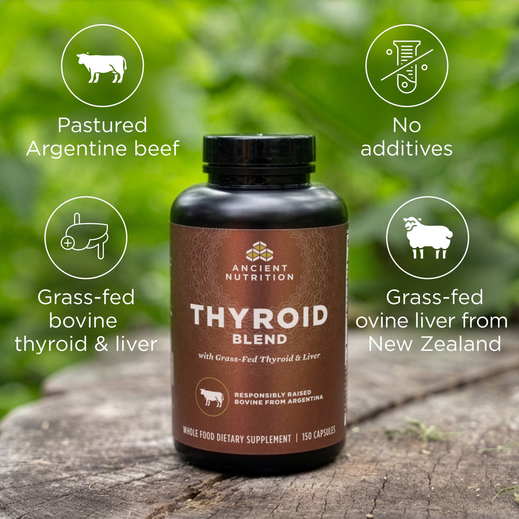 a bottle of Thyroid Blend Capsules with product call outs around it
