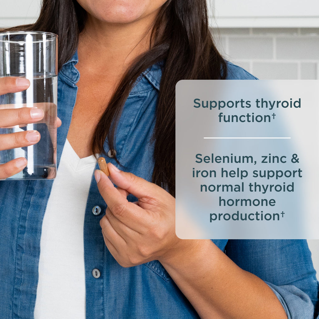 Woman holding a glass of water with text about thyroid support on a white background