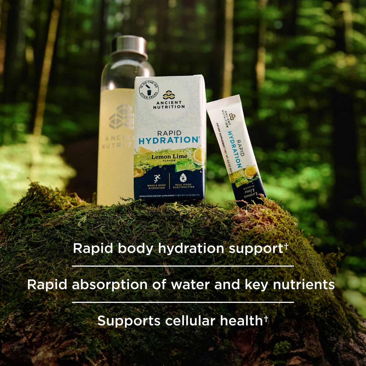 a box of Rapid Hydration Powder Lemon Lime Flavor stick packs on a mossy tree stump