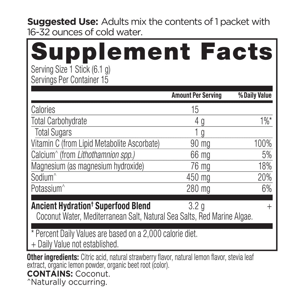 Rapid Hydration Powder Strawberry Lemonade Flavor (15 Servings) supplement facts panel