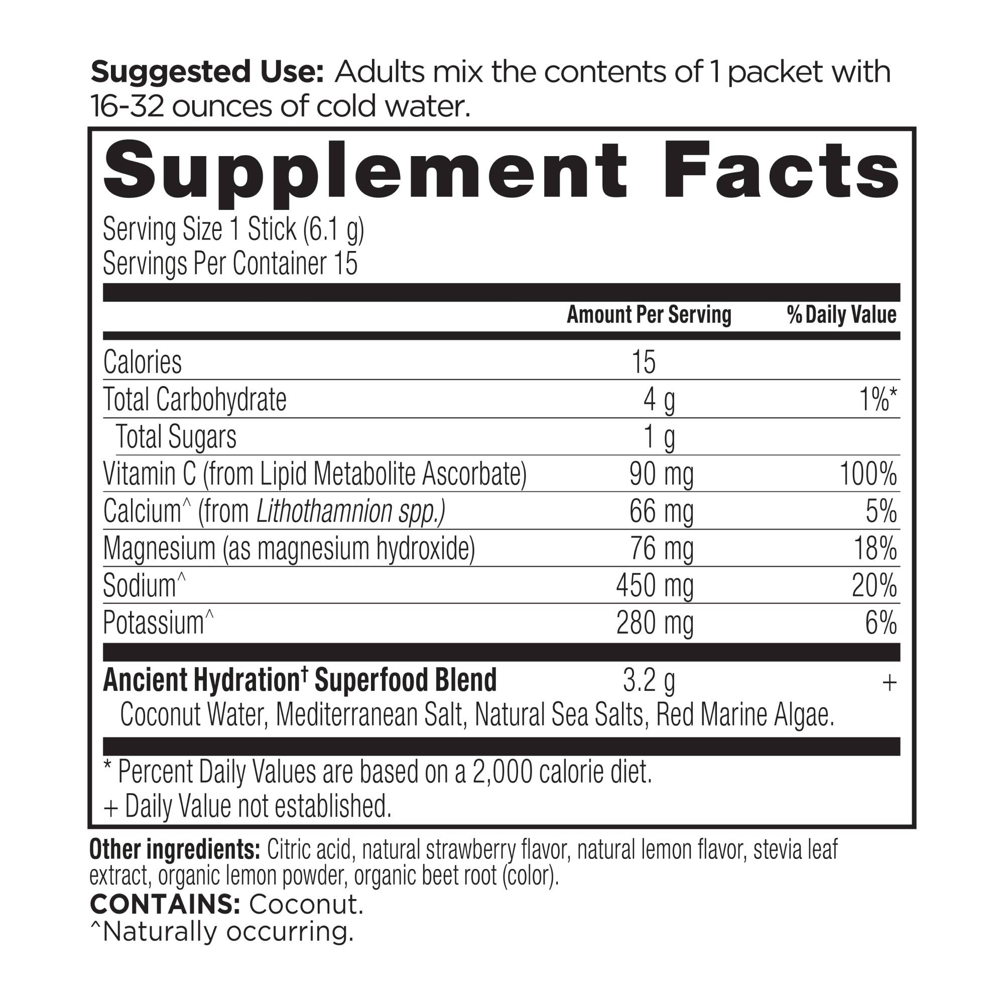 Rapid Hydration Powder Strawberry Lemonade Flavor (15 Servings) supplement facts panel