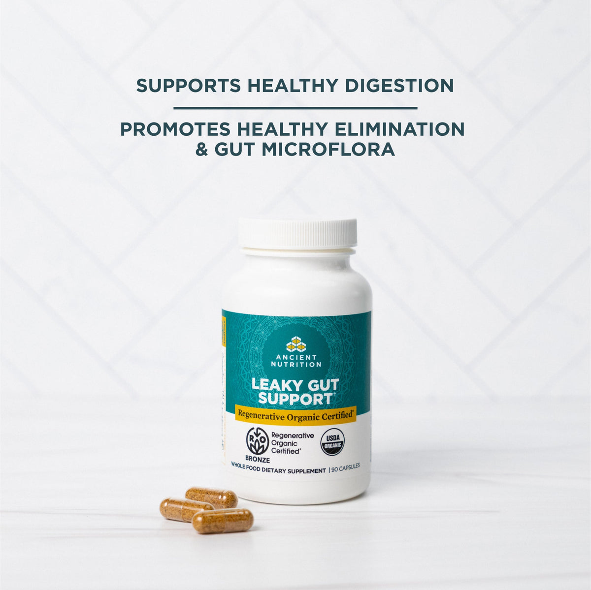 a bottle of Regenerative Organic Certifiedª Leaky Gut Support on a white background