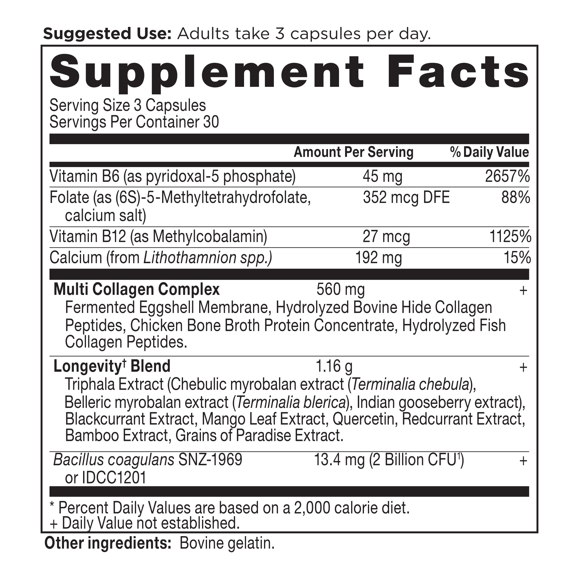 Multi Collagen Advanced Longevity† Capsules (30 Servings) supplement facts panel